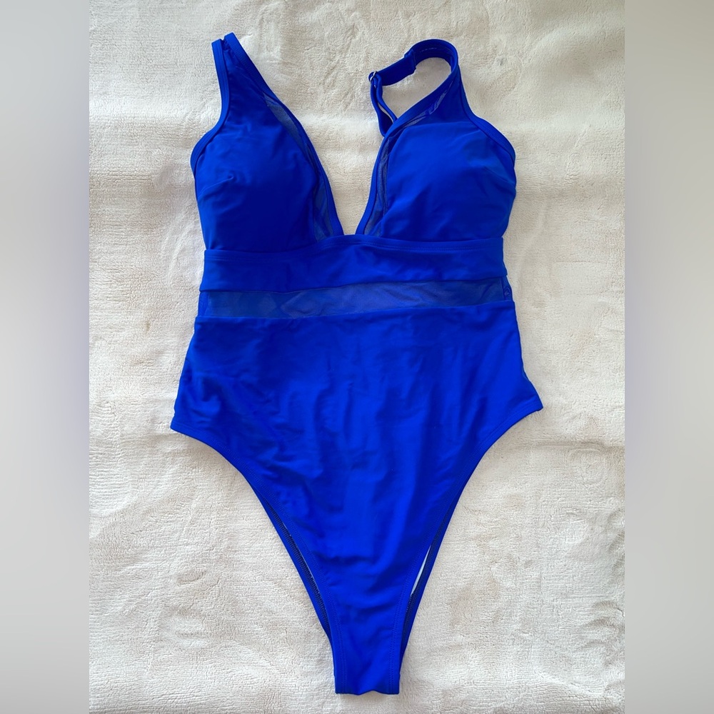 CUPSHE One Piece Swimsuit V Neck Tummy Control Bathing Suit LARGE ROYAL BLUE